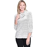 MULTIPLES Women's Petite 3/4 Bungee Sleeve 3-Button Shirred Collar Top, Winter White Stripe