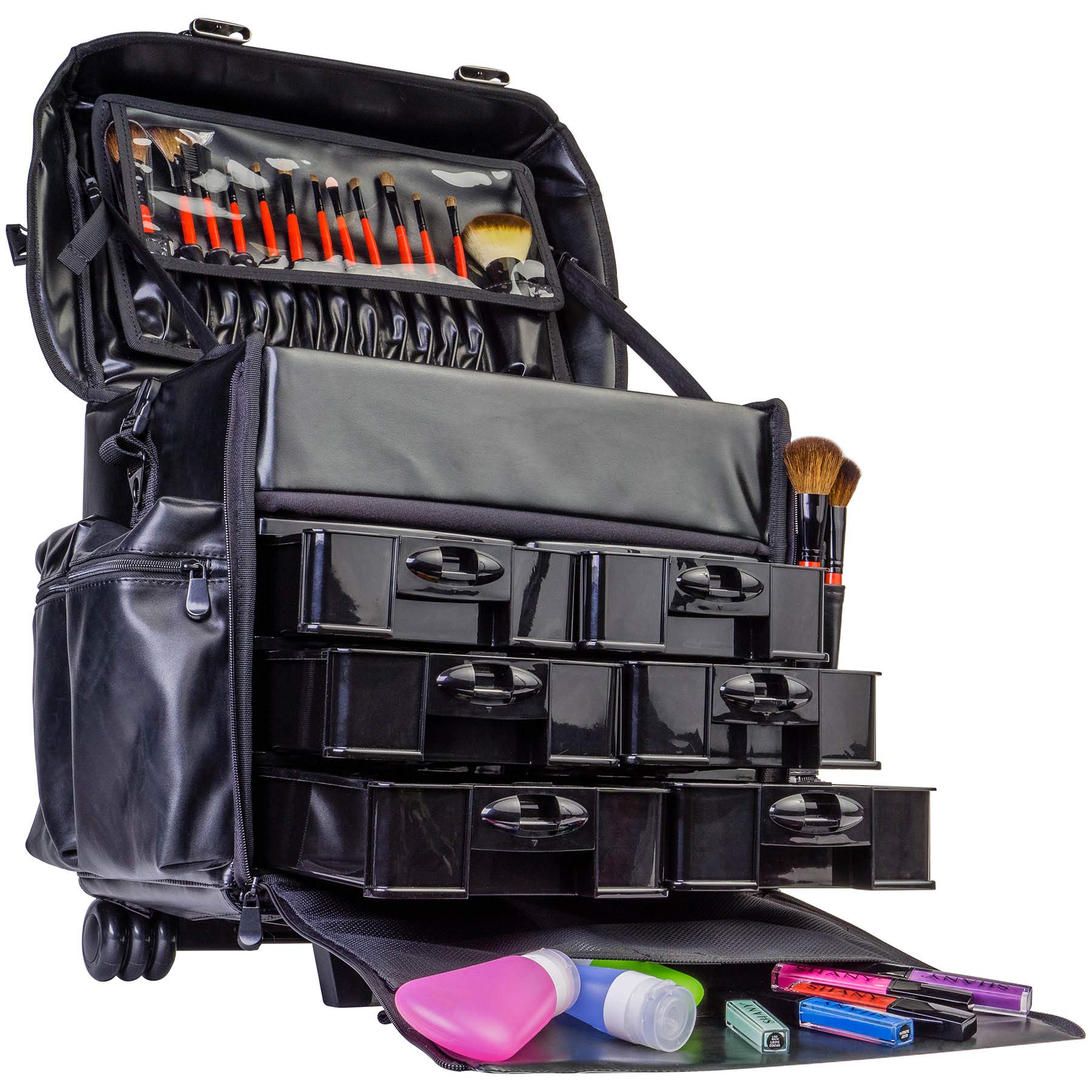 SHANY Makeup Artist Soft Rolling Trolley Cosmetic Case with Free Set of Mesh Bag Makeup Organizer - Travel Rolling Makeup Bag - Head Turner