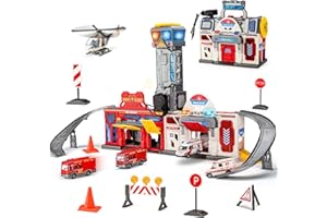 lisfiva 42 PCS Fire & Hospital Station Transform Track Sets for 3 4 5 6 Years Old Boy, Foldable Large City Action Playset wit
