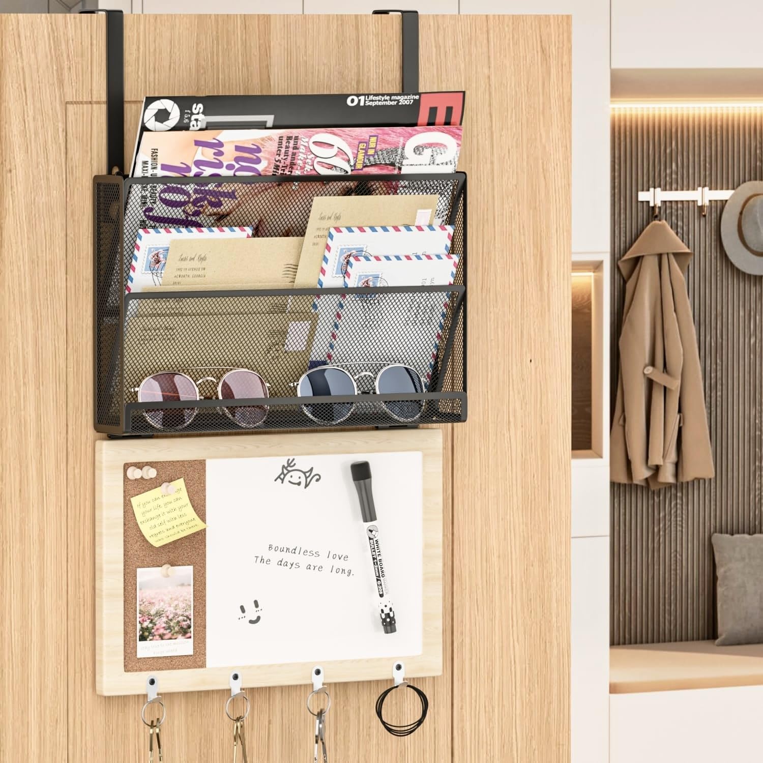 Photo 1 of LUCYCAZ Mail Organizer Wall Mounted - Mail Holder for Wall with 4 Key Hooks, Key Holder Wall Mount Decorative with White Board Cork Board