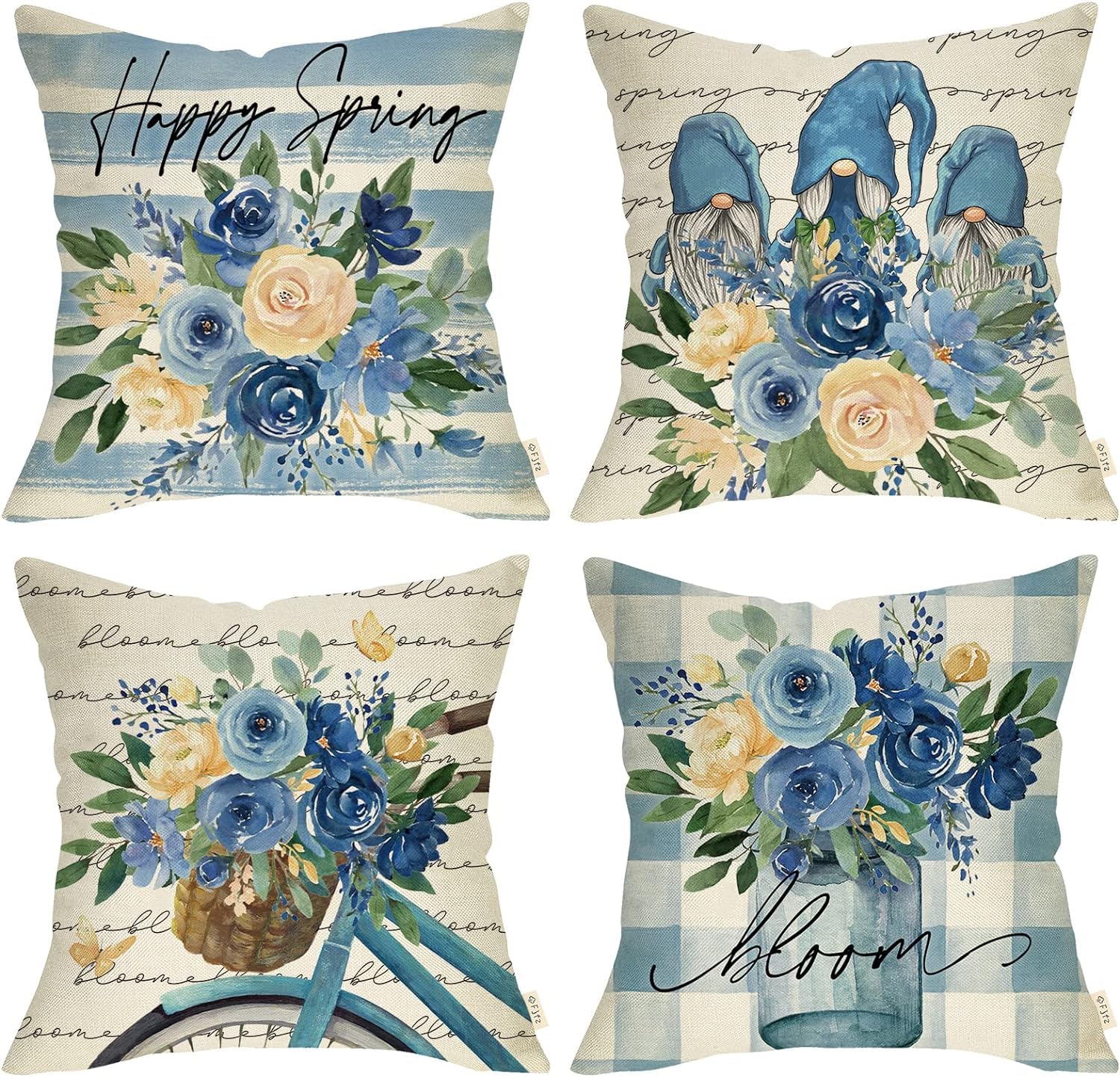 BAOKU Decorative Cushion Cover, 45 x 45 cm Set of 4 light blue Flowers Pattern Cotton and Linen Pillowcase 18 x 18 inches