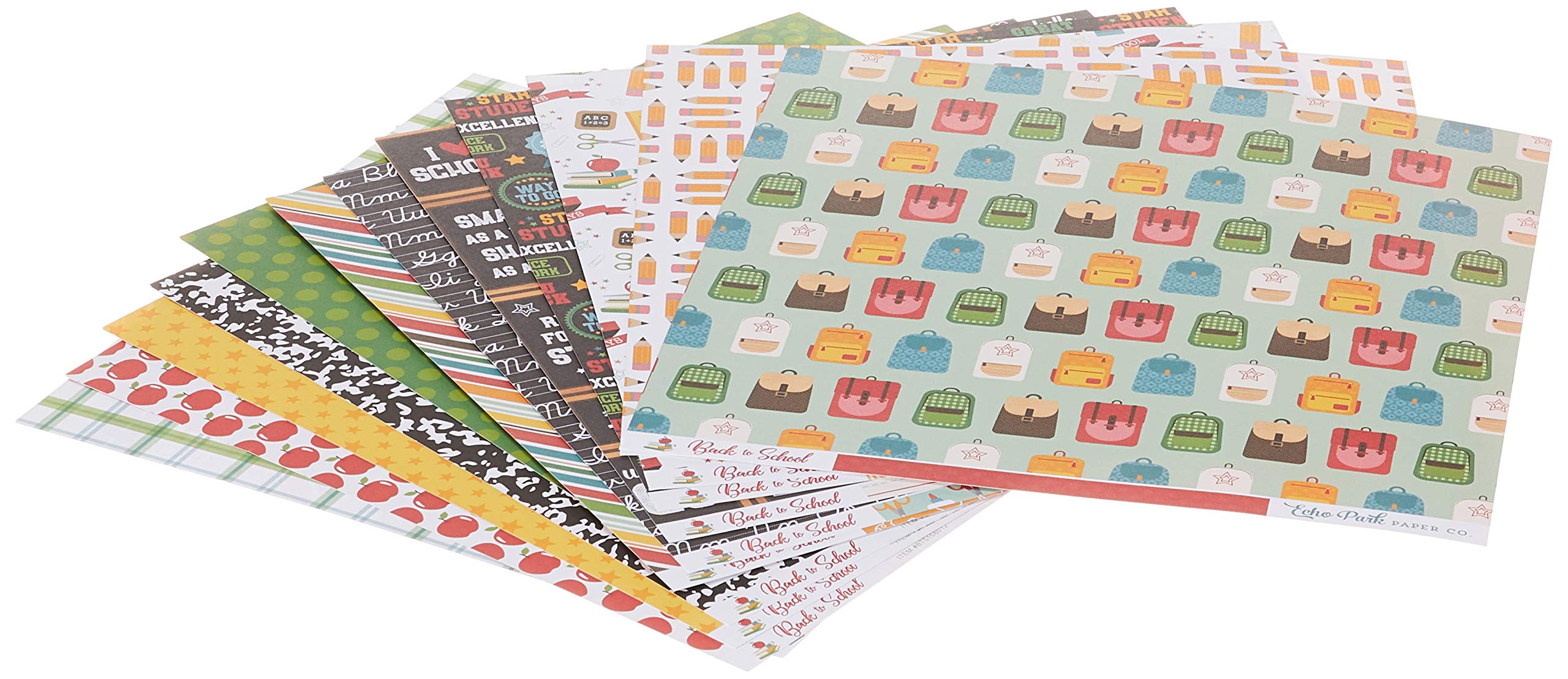 Echo Park Paper Company Back to School Collection Kit paper, 2-x-2, Blue/Black/Red/Green/Yellow, 12-x-12