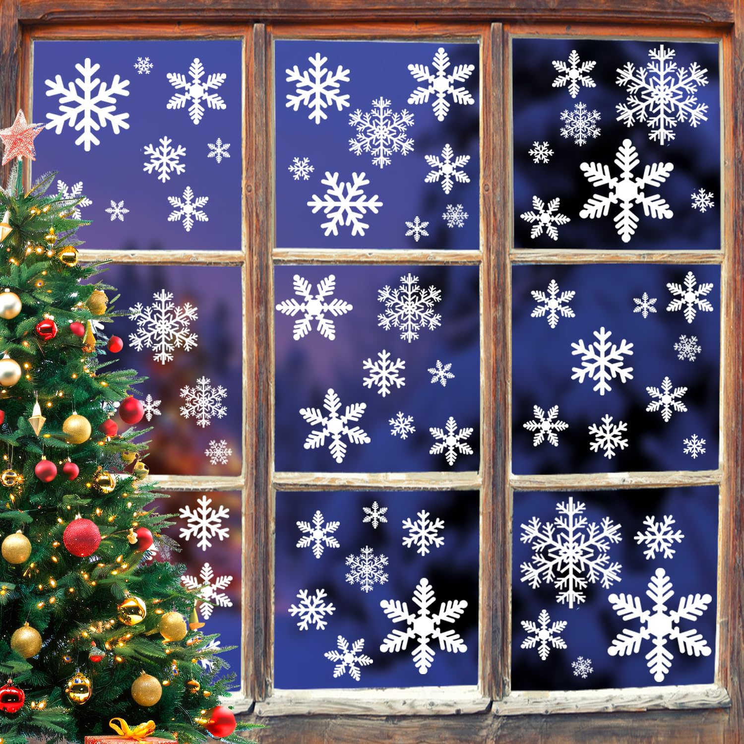 Photo 1 of 144pcs Christmas Snowflake Window Clings Stickers, Christmas Window Decorations Xmas Decals Decor for Glass Indoor Holiday, Winter Snowflake Decals for Home Party Supplies Thanksgiving Décor