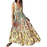 GUCURIN Women Floral Boho Sundress Tie Shoulder Smocked Patchwork Flowy Maxi Dresses with Pockets Summer Fall