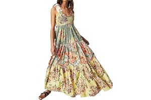 ABYOVRT Women Floral Maxi Dress Sleeveless Tie Shoulder Bohemian Flowy Smocked Dresses Casual Summer Sundress with Pockets