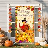 Thanksgiving Door Cover,71 x 36 Inch Happy Thanksgiving Banner Fall Harvest Turkey and Pumpkin Themed Porch Sign Front Door Cover for Indoor Outdoor Party Decorations and Photo