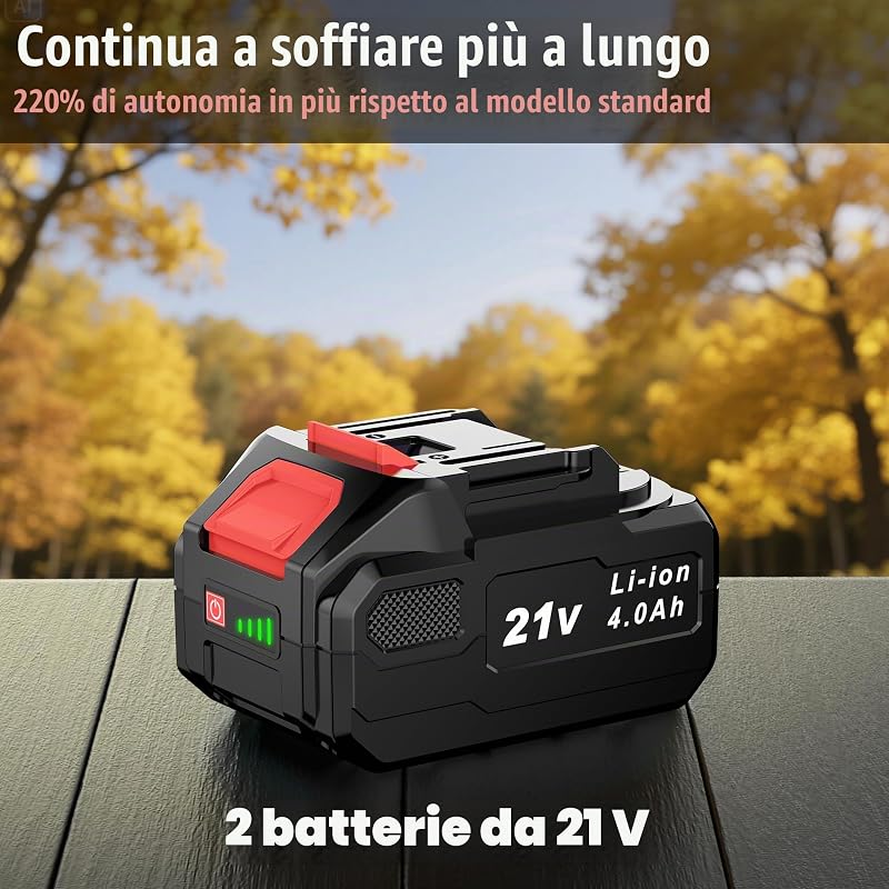 Soffiatore a Batteria 21V, Soffiatore Foglie Elettrico con 2 Batteria