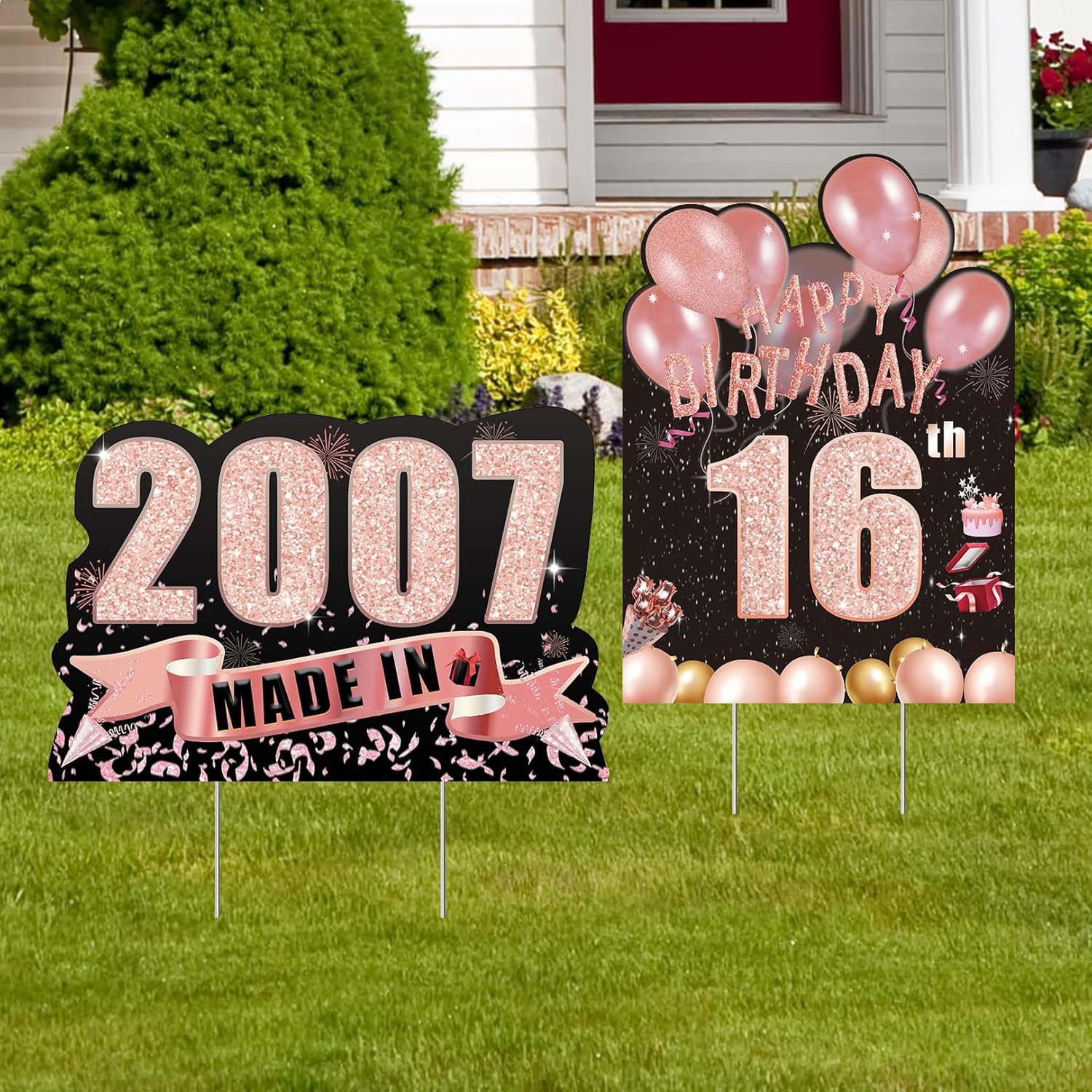 Yard Signs - 2 Piece Set Girls Rose Gold Sweet 16 Birthday Decorative Yard Lawn Signs, Happy 16th Birthday Made In 2007 Birthday Yard Sign With Stakes Outdoor ,16th Birthday Decorations For Girls (Rose Gold - 16th)