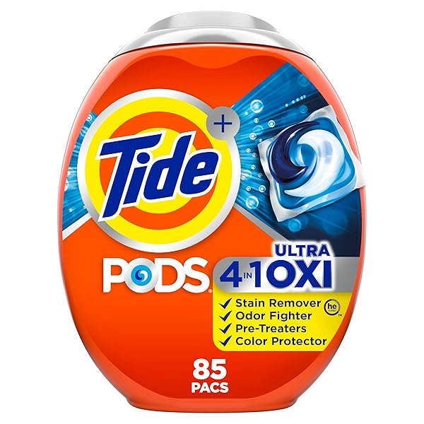 TIDE 4-IN-1 ULTRA OXI PODS LAUNDRY DETERGENT PACS, 85 COUNT, HE COMPATIBLE, BUILT IN PRE-TREATER FOR STAINS