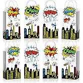 Kolldenn 24pcs Hero Party Favors Bags bulk with Handles Comic Boom Kraft Paper Goodie Gift Bags for Birthday Party Supplies Baby Shower Decorations