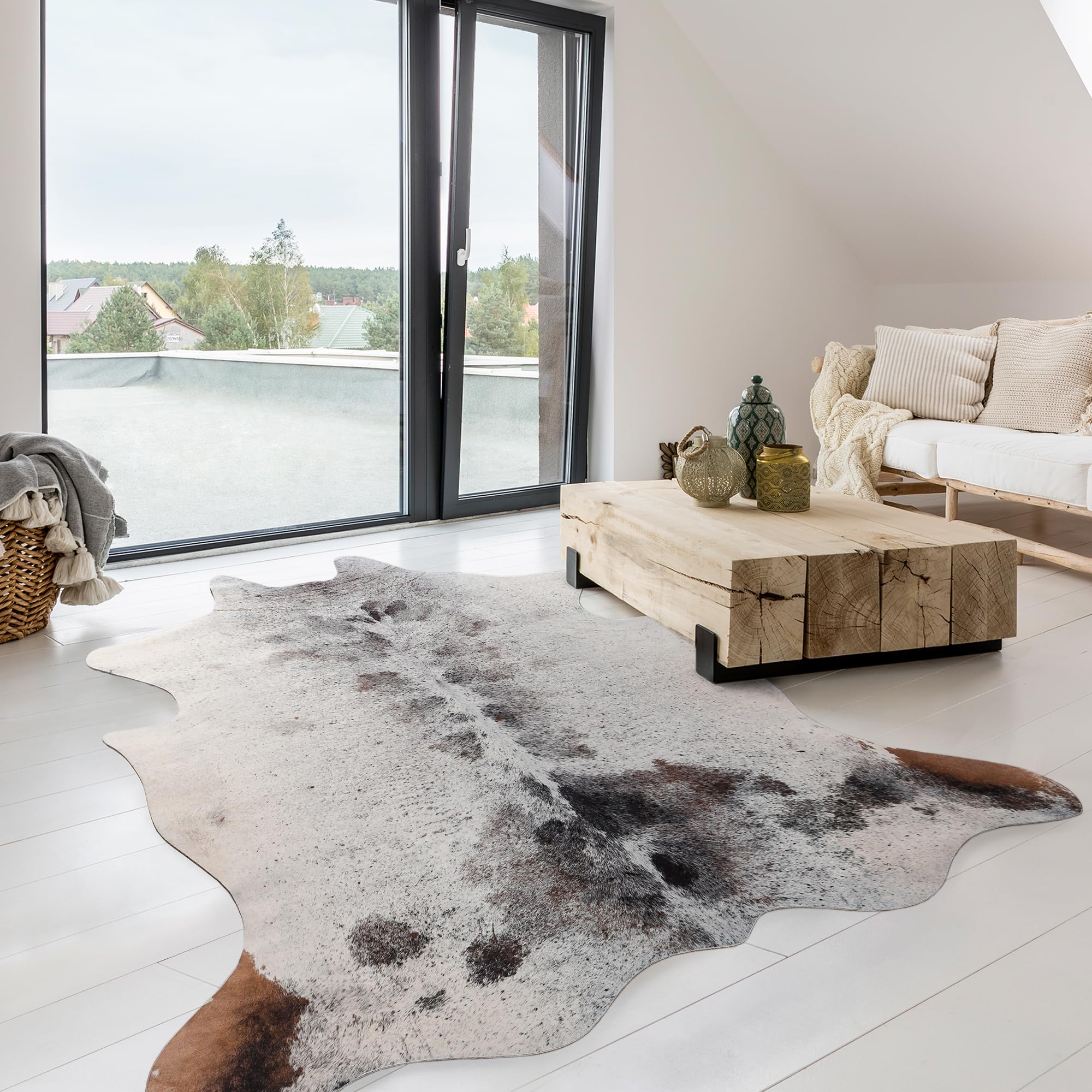Photo 1 of LYENDOS Cowhide Rug 4.6 x 5.2 Feet, Cow Hide Durable No-Slip Backing, Faux Cowhide Rug Thickened Elastic, for Bedroom Living Room Home Office Western Decor
