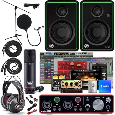 Focusrite Scarlett 2i2 Studio 3rd Gen USB Audio Interface and Recording Bundle with Monitors, Boom Microphone Stand, Microphone Cable, Pop Filter and Interconnect Cable (6 Items)