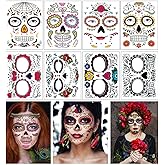 Day of the Dead Face Tattoos, 8 Sheets Sugar Skull Temporary Face Tattoos Stickers for Halloween Party Makeup