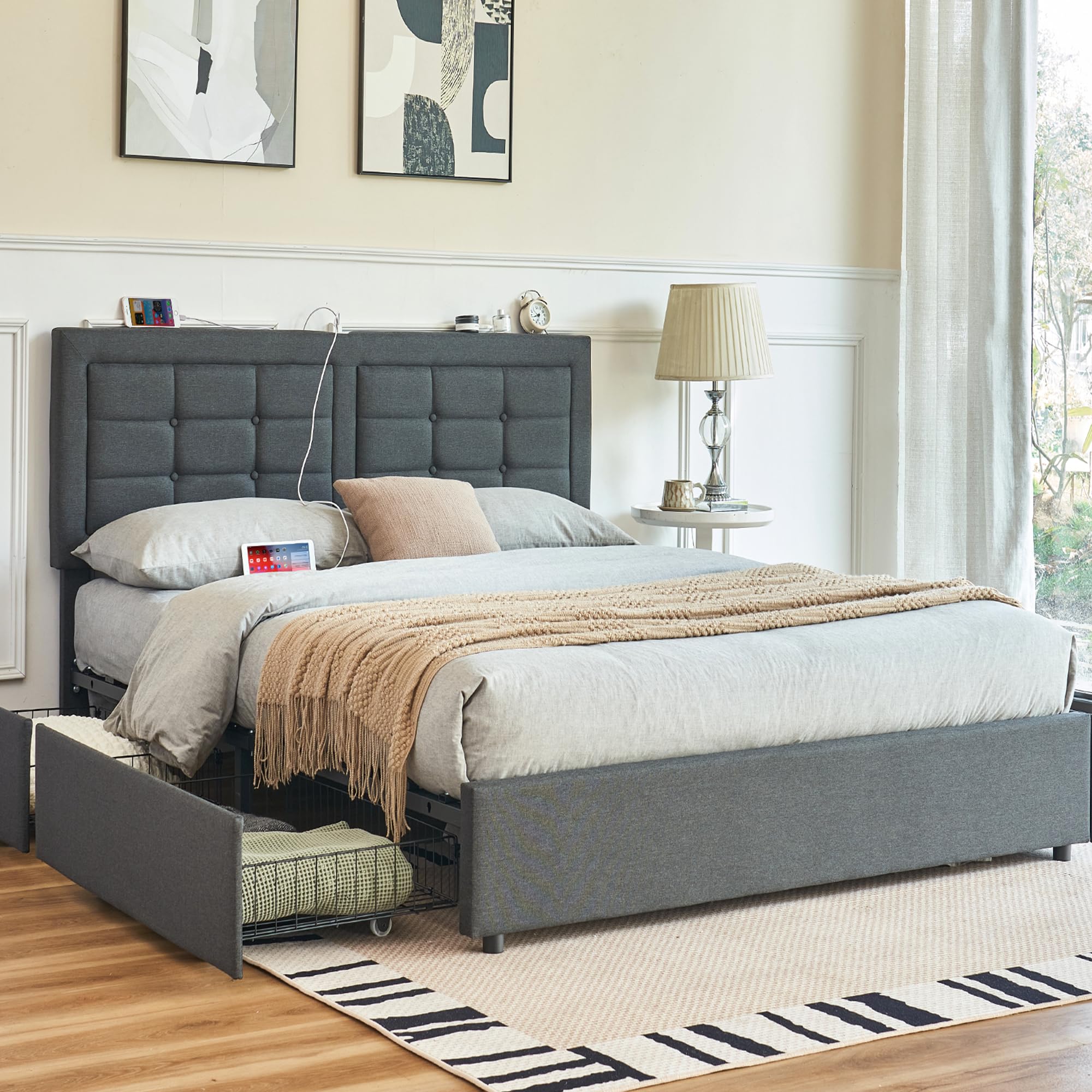 VECELO Queen Size Bed Frame with 4 Drawers, Adjustable Tufted Button Headboard, Upholstered Platform with Wood Slats Support, Built-in USB and Type C Ports, Dark Gray Image VECELO Queen Size Bed Frame with 4 Drawers, Adjustable Tufted Button Headboard, Upholstered Platform with Wood Slats Support, Built-in USB and Type C Ports, Dark Gray Image