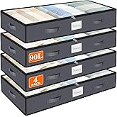 SpaceWhisper 90L Under Bed Storage Containers, 4-Pack Storage Bins with Clear Top, Foldable Closet Organizers and Storage with Label Holder for Clothing, Blankets, Comforter & Pillows (Grey)