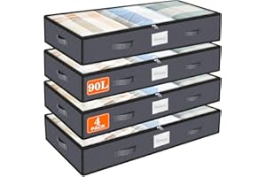 SpaceWhisper 90L Under Bed Storage Containers, 4-Pack Storage Bins with Clear Top, Foldable Closet Organizers and Storage with Label Holder for Clothing, Blankets, Comforter & Pillows (Grey)