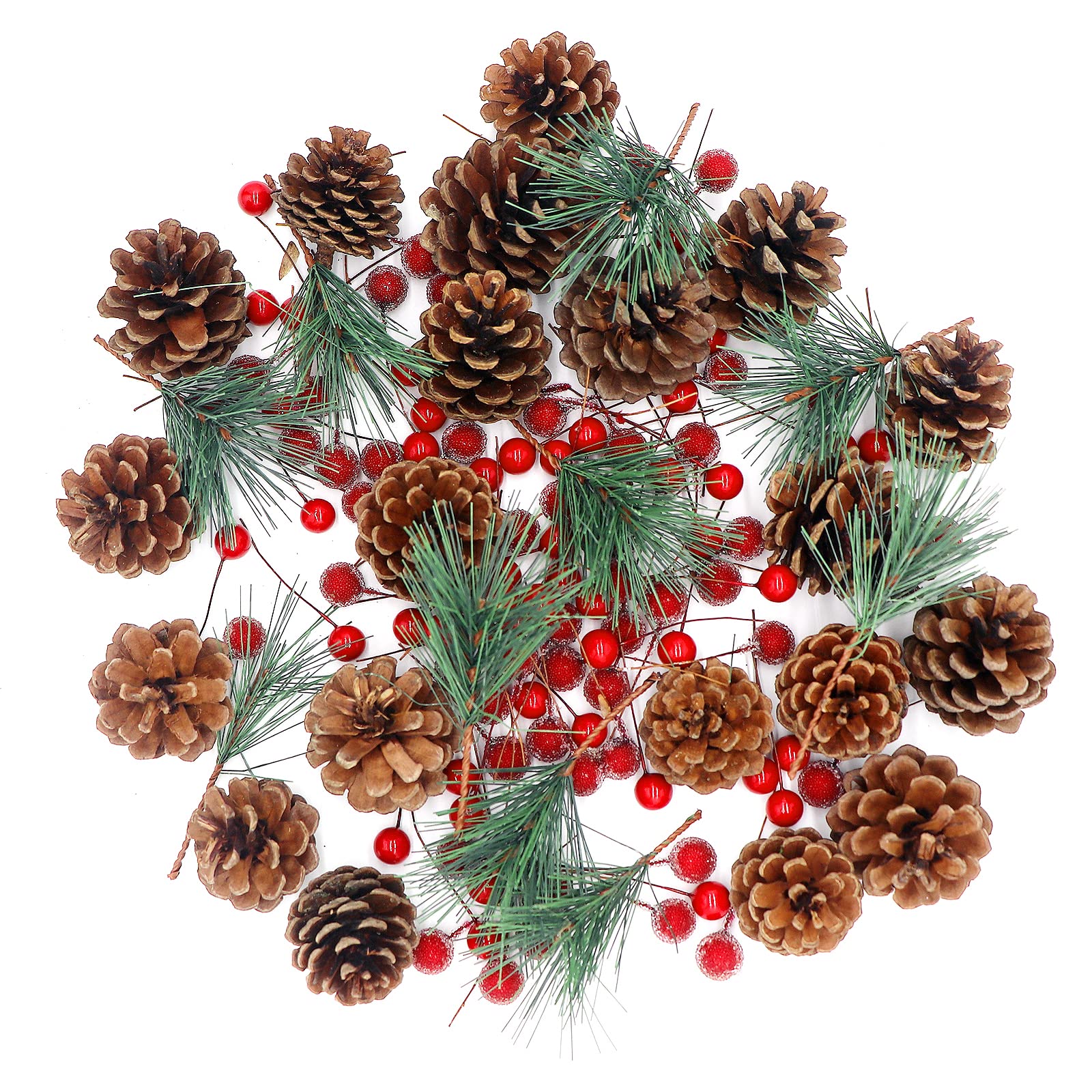 Christmas Wreath Making Supplies, 130PCS Artificial Pine Tree Branches Artificial Pine Cone Red Holly Berries for Xmas Tree Decoration Fall Winter Christmas Party DIY Crafts