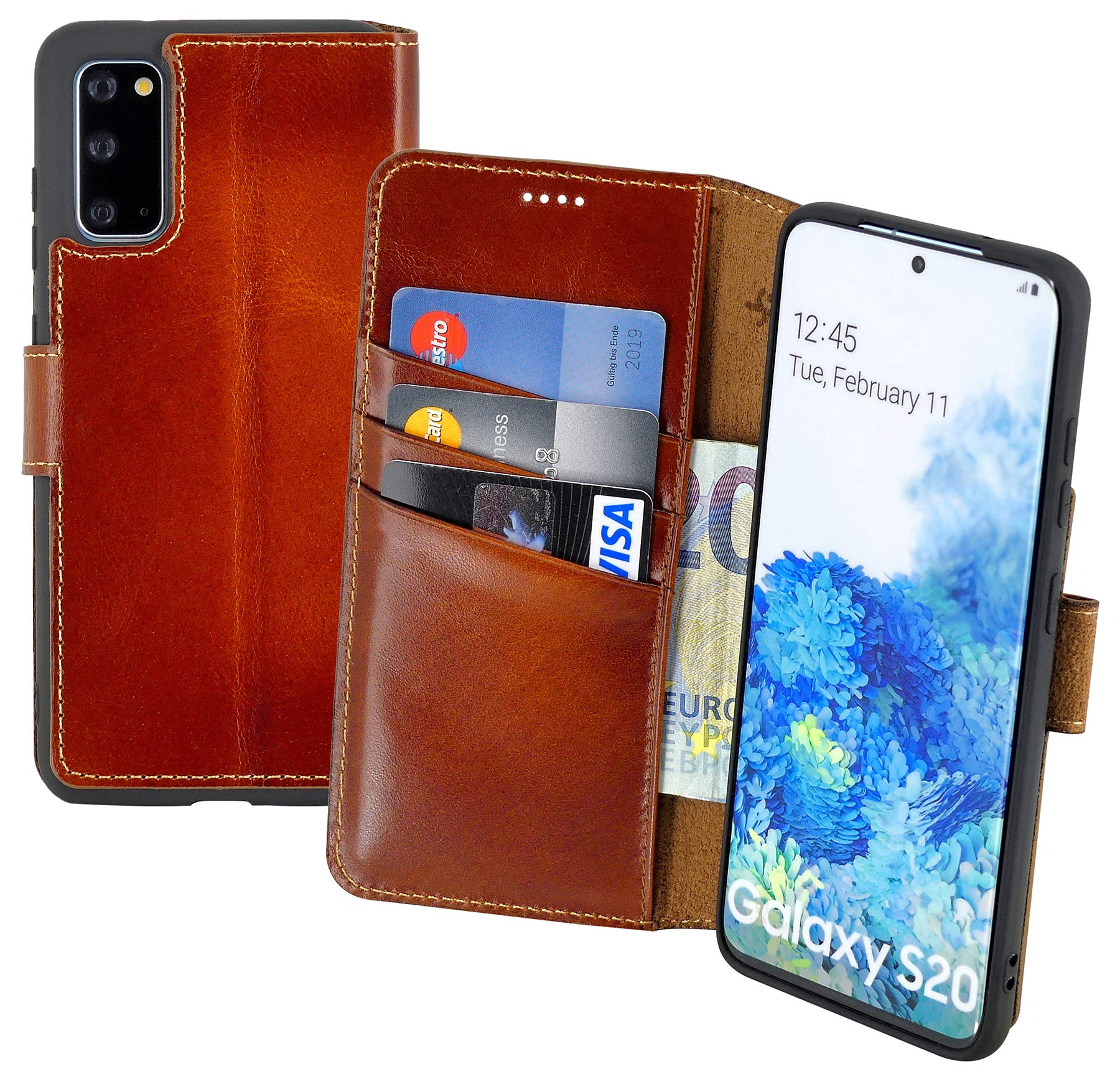 Suncase Book-Style Case compatible with Samsung Galaxy S20 Leather Case (Slim-Fit) Leather Case Cell Phone Case Protective Case with 3 Card Slots in Burnt-Cognac
