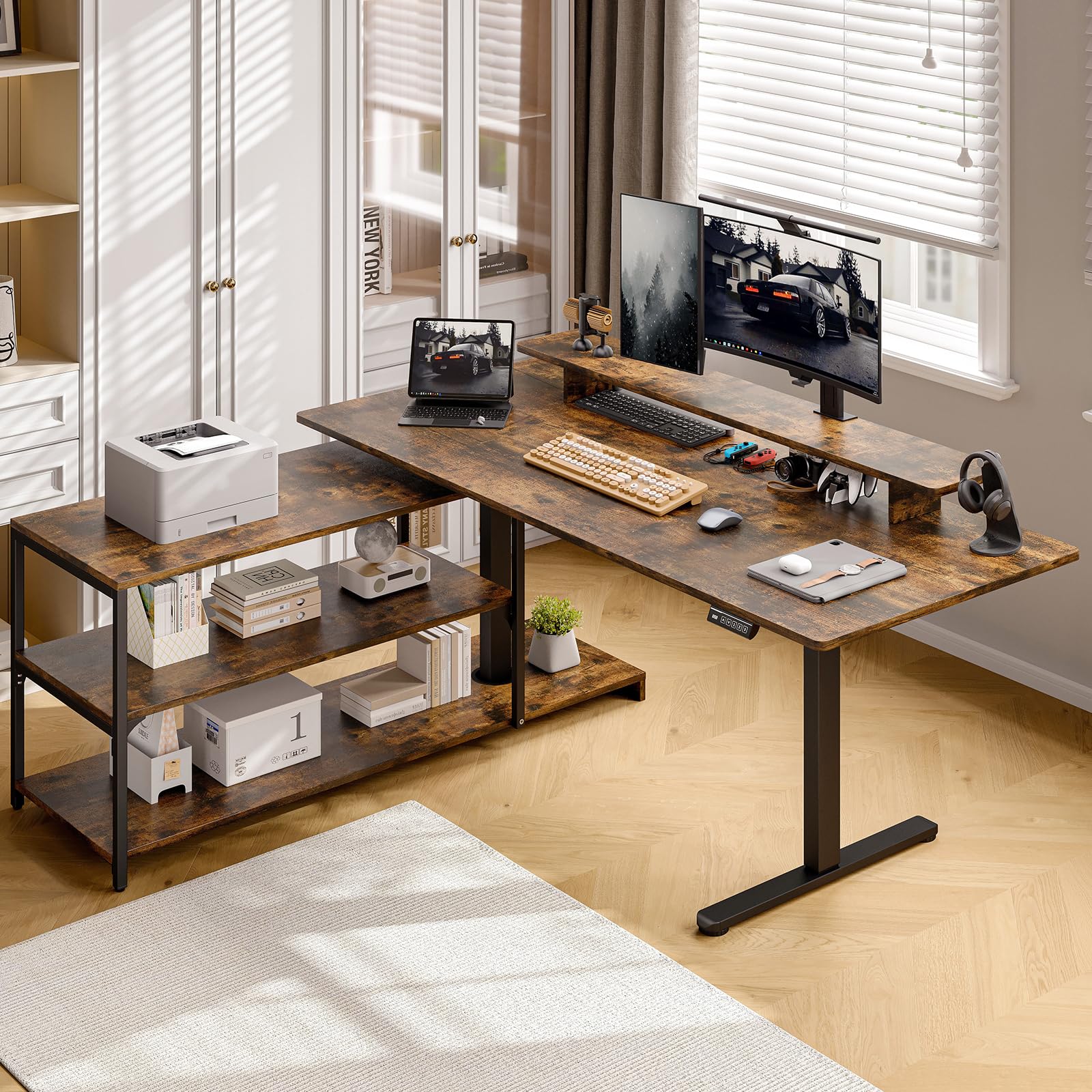 Photo 1 of ***SIMILAR ITEM***
ONBRILL L Shaped Standing Desk with File Cabinet, 63x24'' Electric Stand Up Desk with Monitor and Storage Shelf, Adjustable Height 28-46'' for Home and Computer Workstation, Rustic Brown