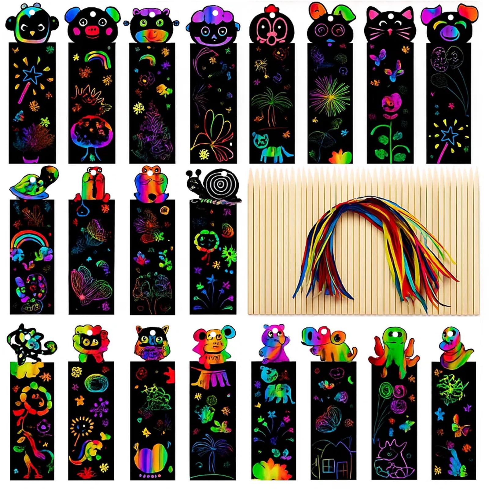 48Pcs Scratch Art for Kids, Rainbow Scratch Bookmarks Set with 24 Bamboo Stylus and 48 Ribbons, Creative DIY Craft Activity for Children, Perfect for Birthday Parties and Classroom Art Projects