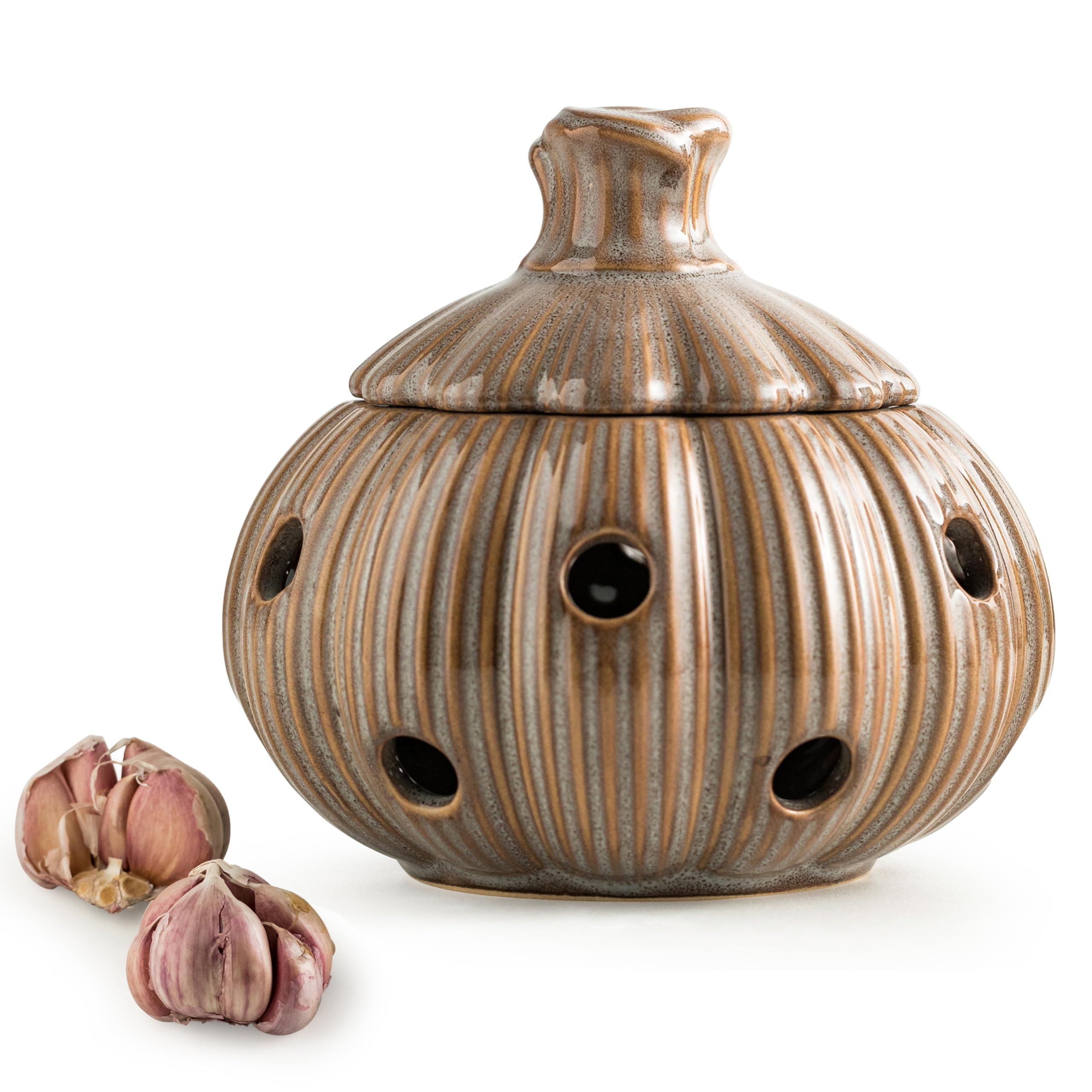 Photo 1 of Ceramic Garlic Keeper with Lid and Holes Garlic Saver and Storage Framhouse Decor Keep Gralic Cloves Dry and Fresh, Grey