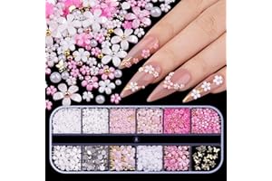 editTime 3D Glitter Flower Nail Art Charms, White Pink Rose Acrylic Cherry Blossom Spring Petal Metal Gold Silver Round Caviar Beads Studs Pearl Rhinestones for Manicure Craft DIY (9-K3-glitter)
