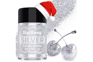 SIGWONG Silver Edible Glitter - 5g Food Grade Cake Decorating Shimmering Glitter, Edible Sprinkle Luster Dust for Drinks, Chocolates, Fondant, Strawberries, Cupcakes, Candy, Christmas Cookie - Vegan