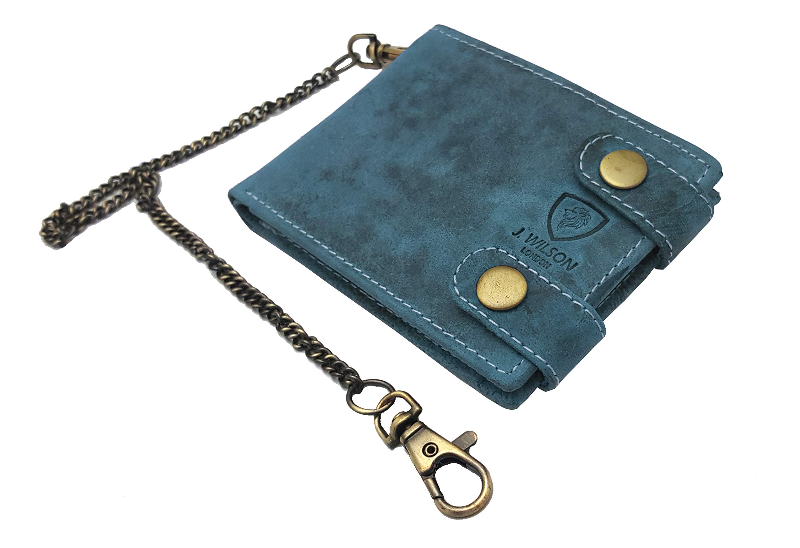J. Wilson London Designer Genuine Leather Biker's Wallet Motorbike Vintage Distressed Long Detachable Metal Chain to Hang (Distressed Blue)