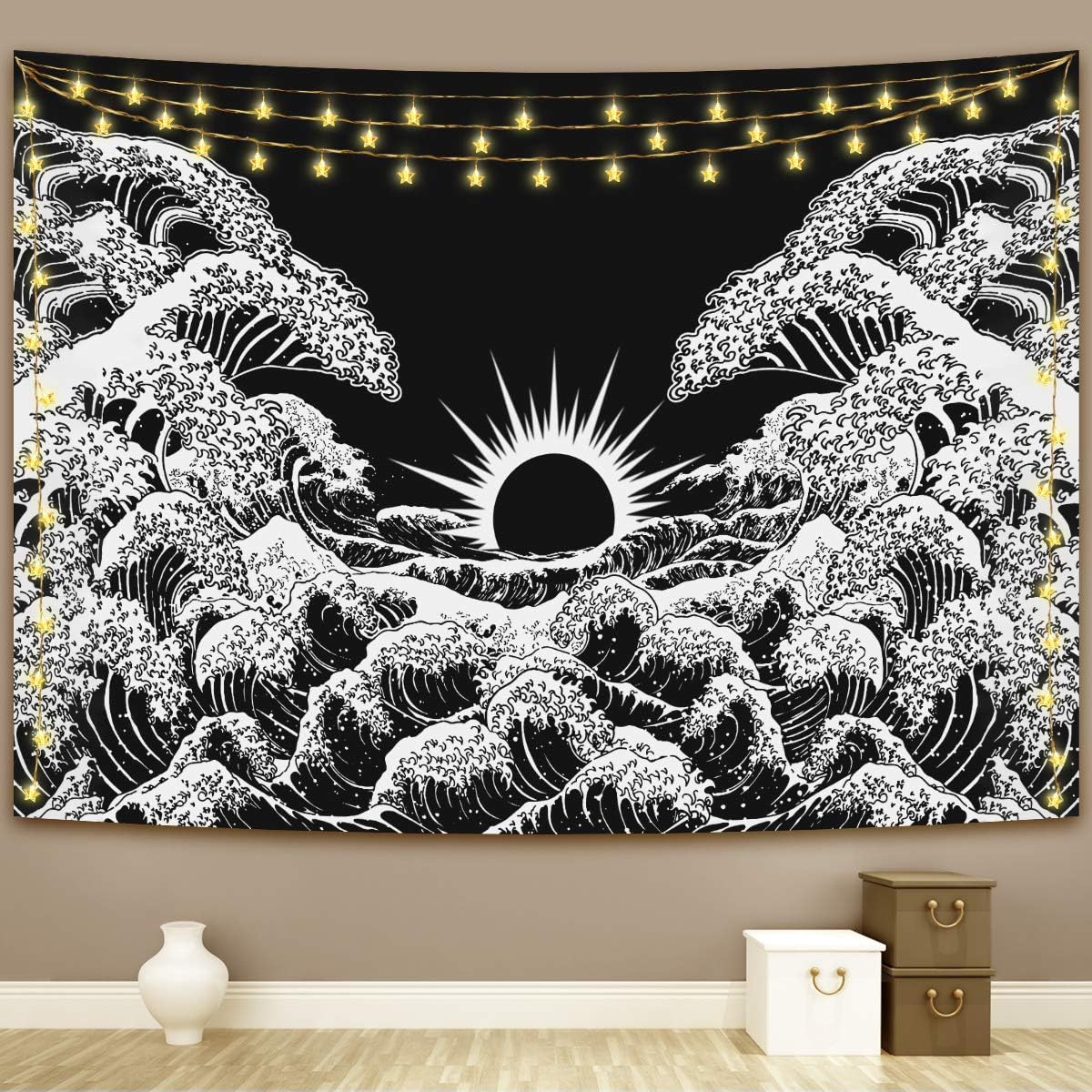 Simplife Kanagawa Great Wave Tapestry Japanese Ocean Wave with Sunrise Tapestries Black and White Waves Tapestry Wall Hanging for Room(51.2 x 59.1Inches)