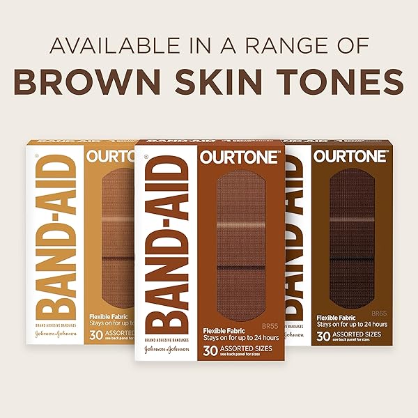 BAND-AID BRAND OURTONE ADHESIVE BANDAGES, FLEXIBLE PROTECTION & CARE OF MINOR CUTS & SCRAPES, QUILT-AID PAD FOR PAINFUL WOUNDS, BR45, ASSORTED SIZES, 30 CT
