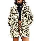 ELLEVEN Women’s Faux Fur Leopard Coat Long Winter Coats, Autumn Notch Lapel Jackets with Pockets