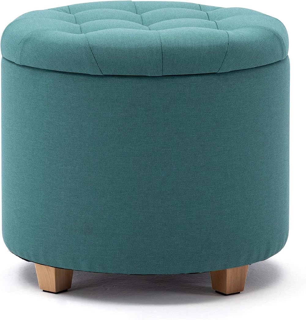 HNNHOME 45cm Round Linen Ottomans Storage Stool Footstool Light Green