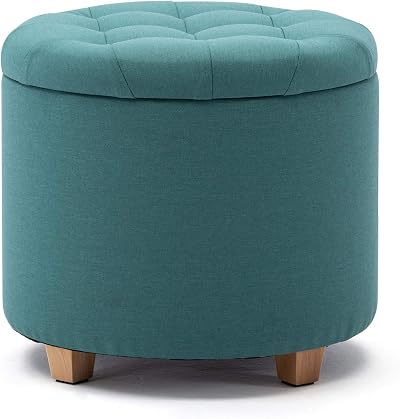 HNNHOME 45cm Round Linen Ottomans Storage Stool Footstool Light Green