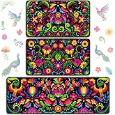 Sonwyoung 3 Pcs Dia De Los Muertos Kitchen Rugs Set, Mexican Mat Decoration | Otomi Floral Non Slip Floor Vibrant Folk Art Waterproof Runner Rug for Day of The Dead Fiesta Kitchen Decor