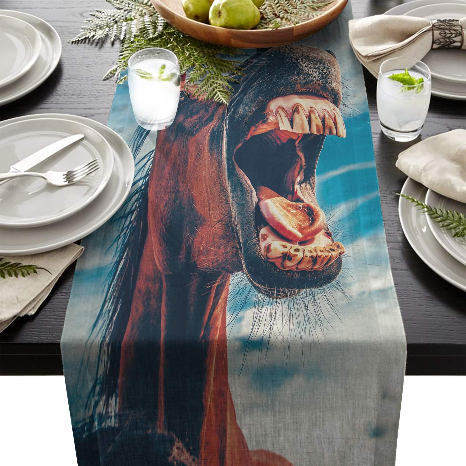 Fandim Fly Dining Table Runner 13 x 90 Inch, Funny Horse Illustrations Table Runners for Morden Stylish Wedding Party Holiday Table Setting Decor