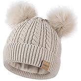 FISFET Beanies Women with Double Pom Pom, Winter Hats for Women Cold Weather Warm Knit Fleece Lined, Cute Beanie Cap