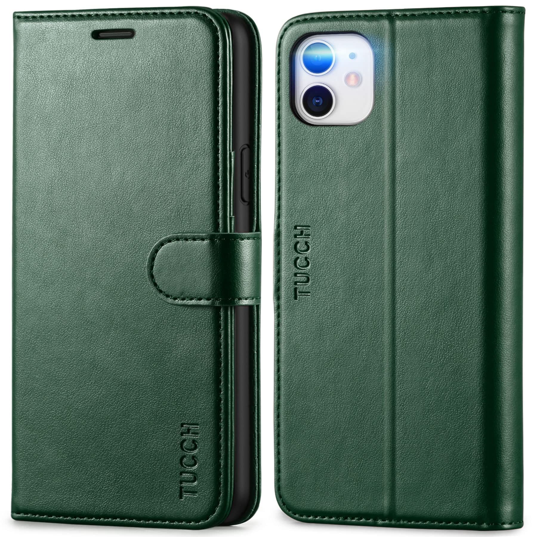 TUCCH Case for iPhone 11 (6.1"), Protective Wallet Folding Case with RFID Blocking Card Slots Kickstand [Shockproof TPU], Magnetic PU Leather Flip Cover Compatible with iPhone 11, Midnight Green