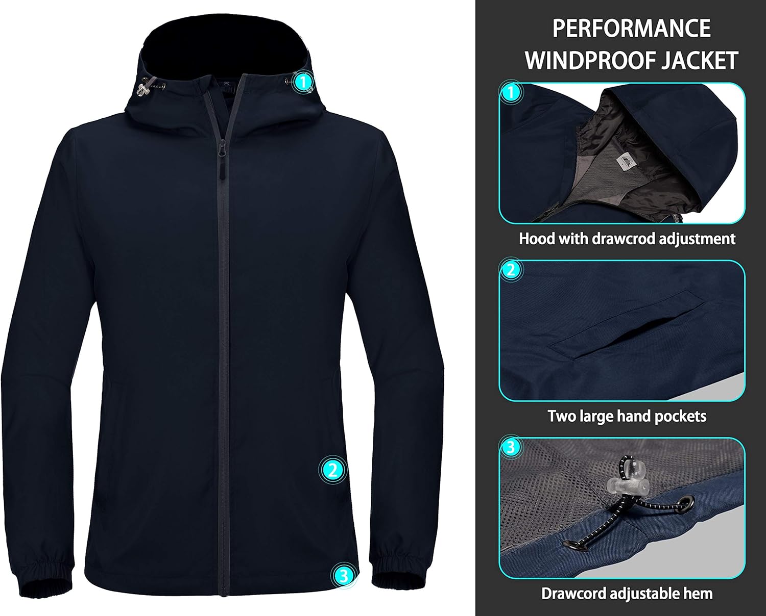 Mapamyumco Men's Lightweight Water-Resistant Windbreaker, Windproof Hooded Jacket: Clothing