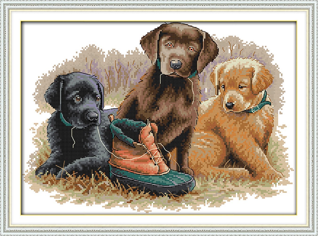 YEESAM ART Unstamped Cross Stitch Kits for Adults, Three Dogs Puppies 14ct Counted Unprinted Embroidery Kit Needlework Wall Art Decor
