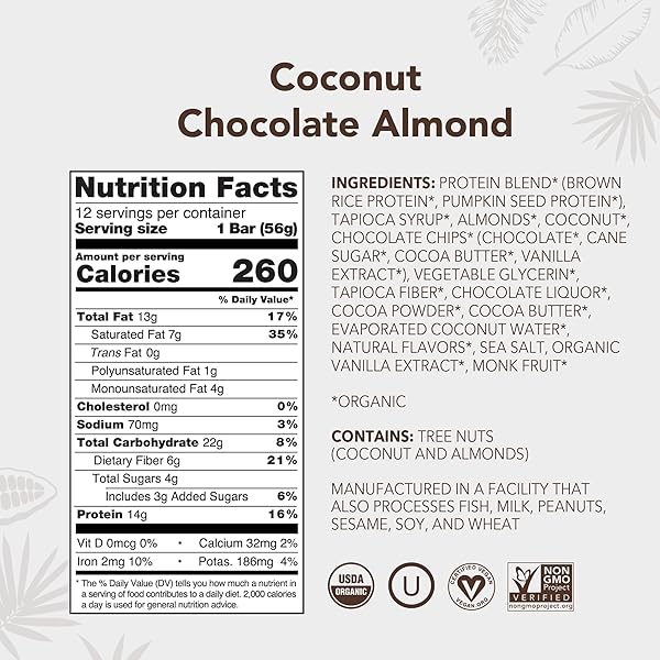 ALOHA ORGANIC PLANT BASED PROTEIN BARS – CHOCOLATE COCONUT ALMOND, VEGAN, LOW SUGAR, GLUTEN-FREE, LOW CARB, NON-GMO, NO STEVIA, NO ERYTHRITOL – 12 COUNT (PACK OF 1)