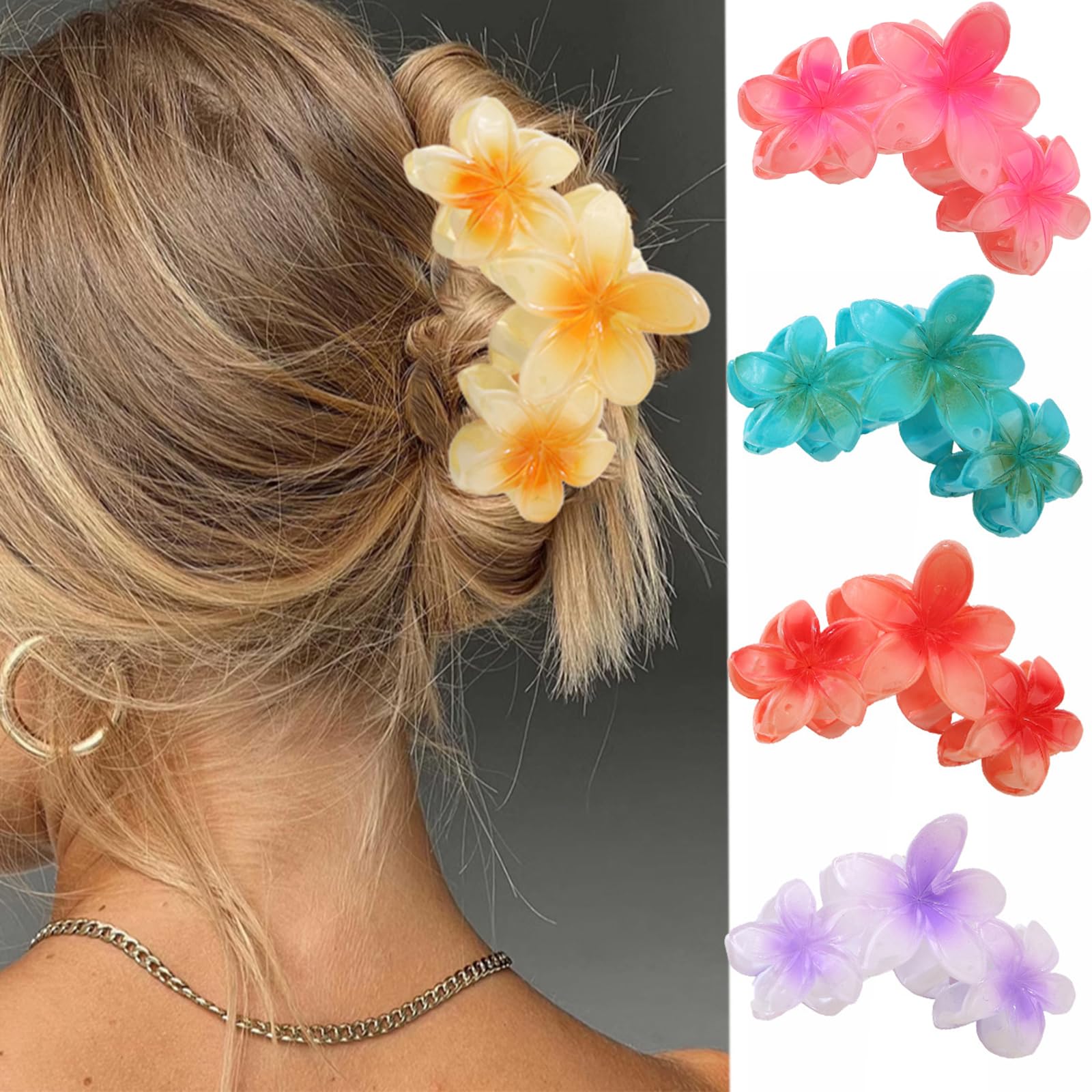 Ling & Bai 5Pcs Flower Hair Claws Clips Cute Hawaiian Plumeria FLower Claw Clip Large Non-slip Strong Hold Hair Accessories for Women and Girls (A)