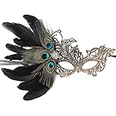 Zinniday Lace Masquerade Masks for Women - 1920s Peacock Feather Venetian Mask for Halloween Couples Carnival Costume Ball