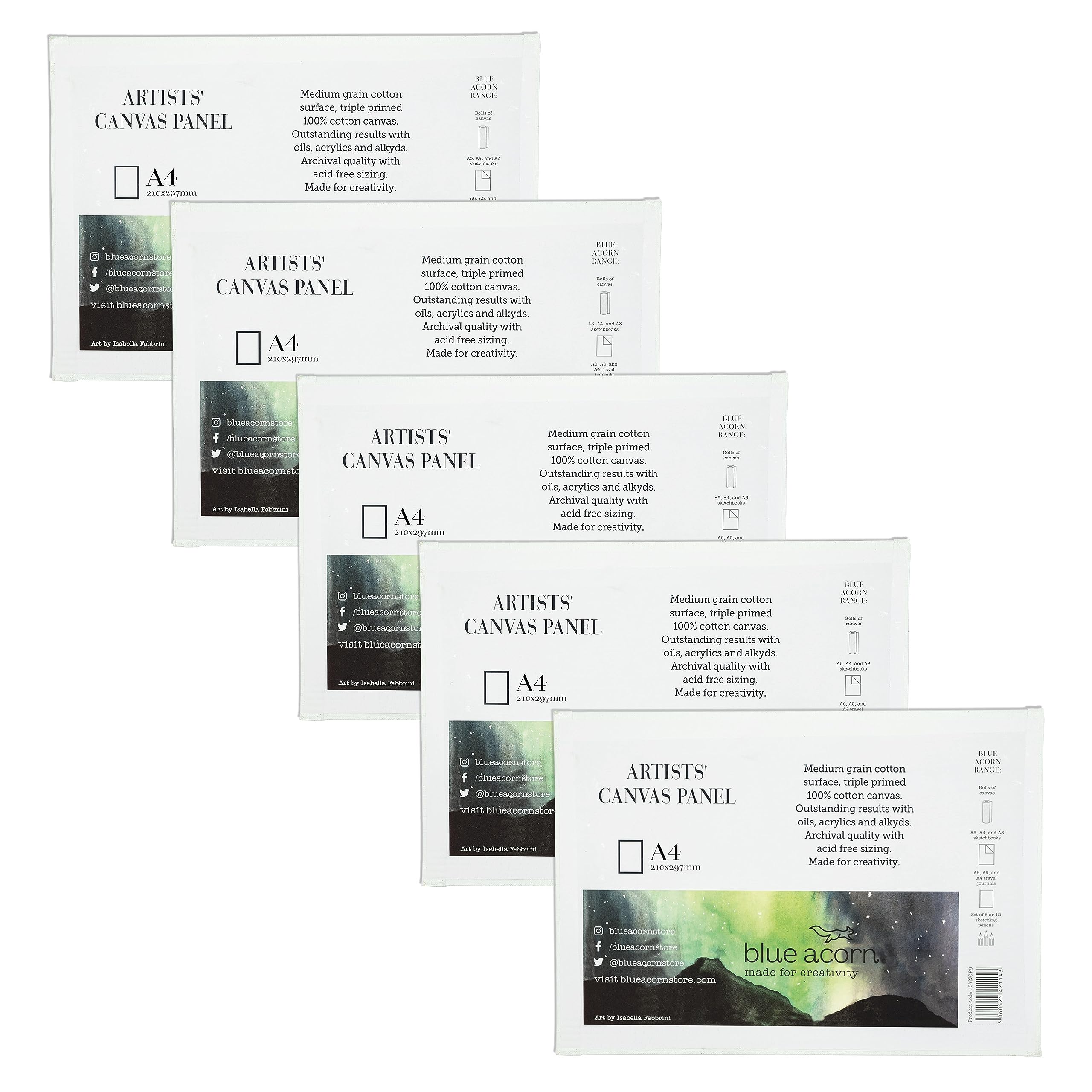 Blue Acorn - 5 x A3 MDF Canvas Panel - Triple-Prime, Acid-Free, Premium Quality Art Canvas Perfect for Oil, Alkyd & Acrylic Colours