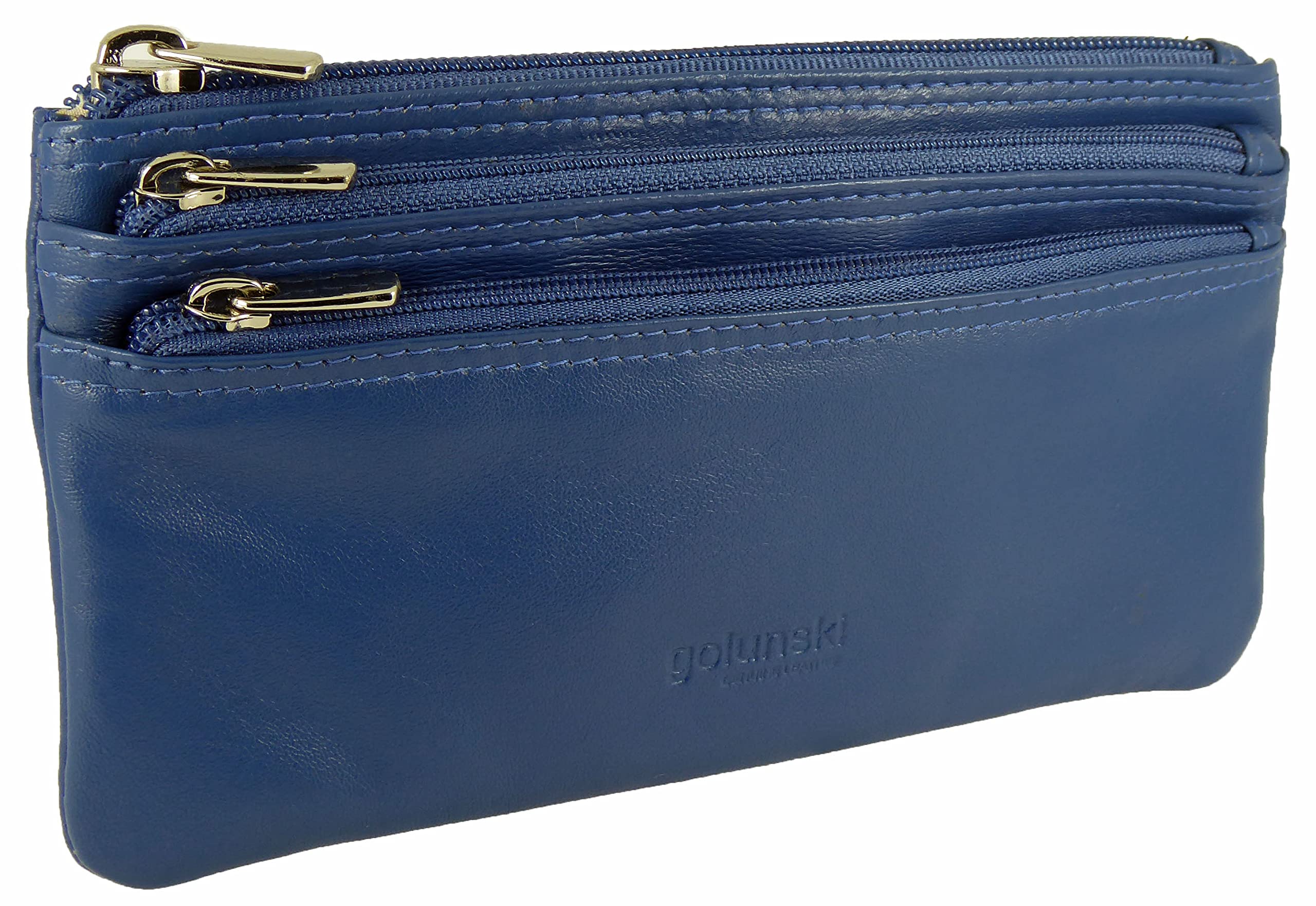 3 Zip Coin Purse Soft Real Leather Large (Blue)