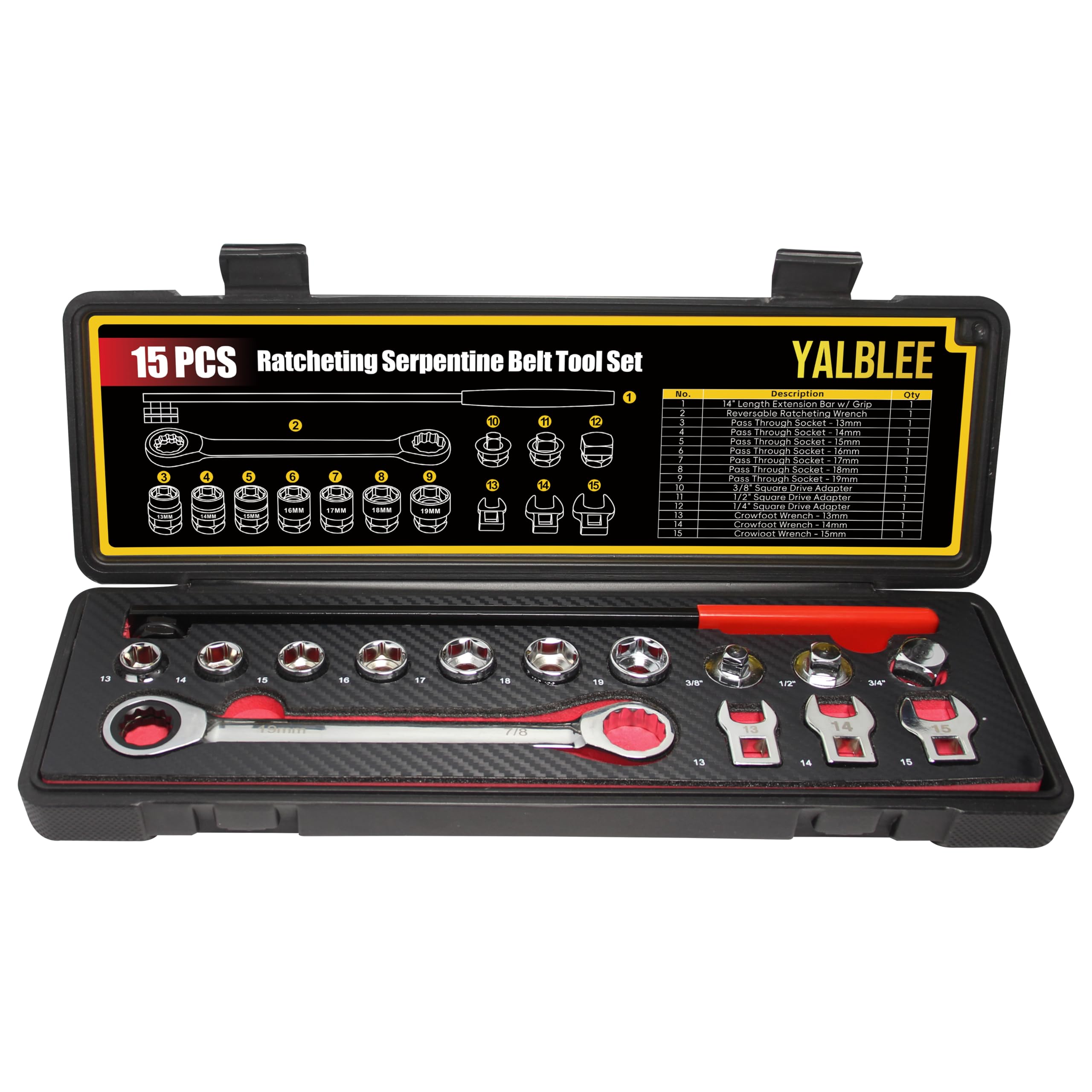 Photo 1 of Yalblee 15 Pcs Serpentine Belt Tool Set, Ratcheting Serpentine Belt Tensioner Tool Kit, Removal and Installation for Automotive Serpentine Belts