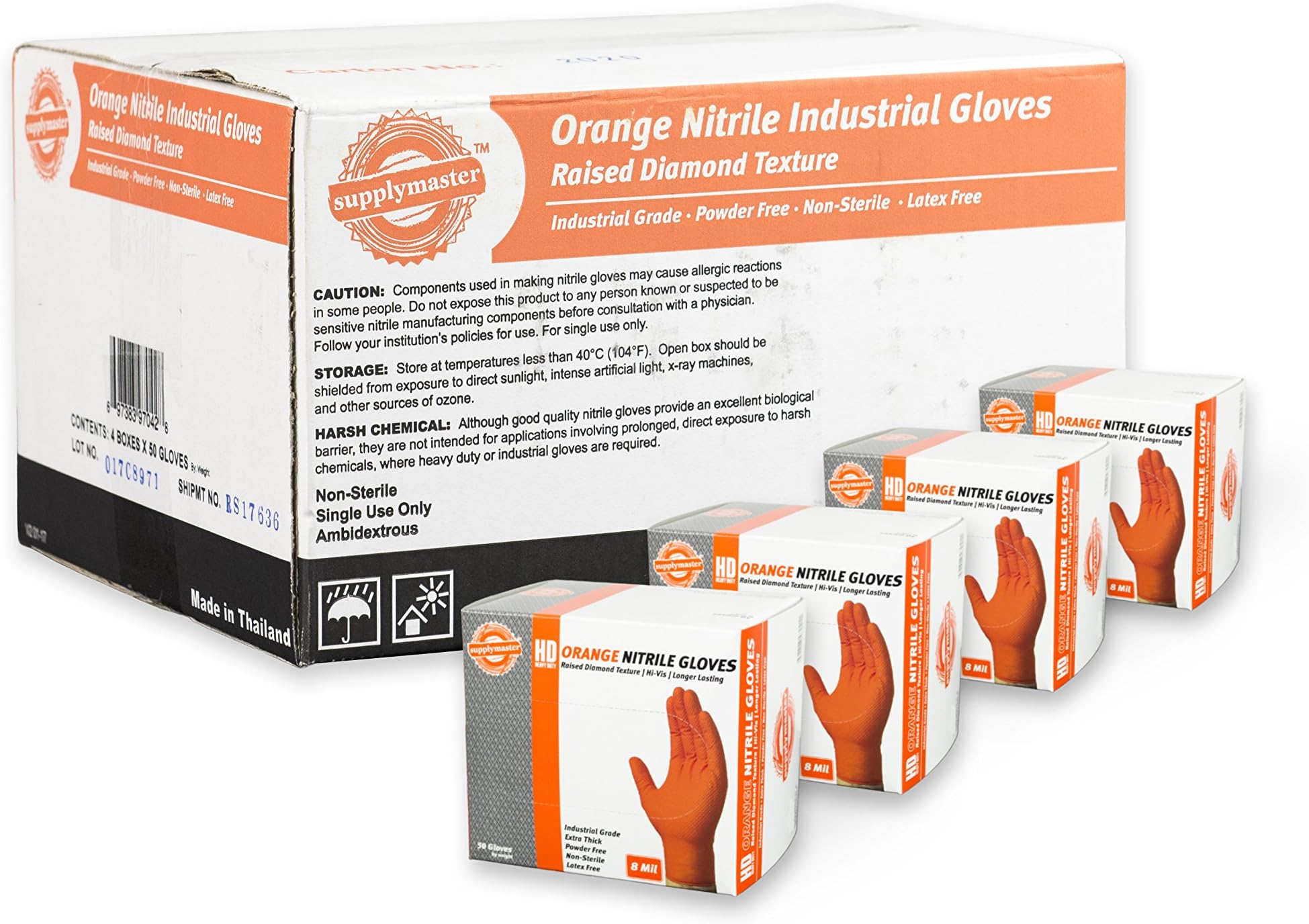 SupplyMaster - SMDTON8M-BX - Diamond Texture Nitrile Gloves - Disposable, Powder Free, Industrial, 8 mil, Medium, Orange (Box of 50)
