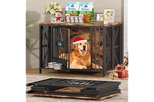 Easycom Foldable Large Dog Crate Furniture, 41.3" Assembly-Free Dog Crates for Large Dogs, Wooden Dog Kennel Indoor with Tag & Dog Bowls, Dog Cage Use as TV Stand, Rustic Brown