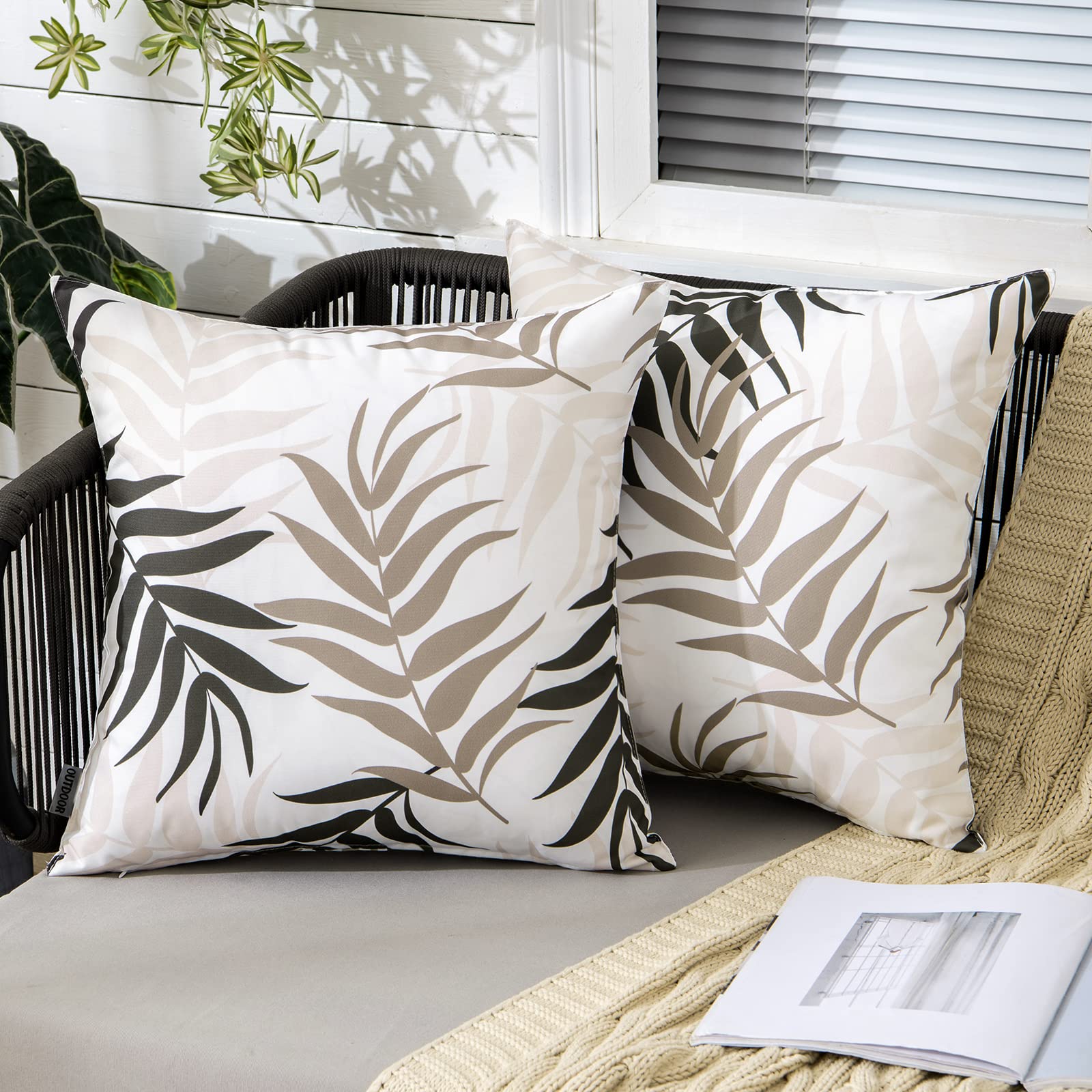 MIULEE Outdoor Cushion Covers Waterproof Polyester Throw Pillow Cover Square Decorative Pillowcase with Leaf Patterns for Garden Sofa Livingroom Bedroom Tent Park 2 Pieces 18x18 Inch Brown