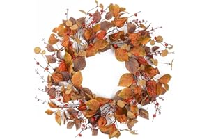 YNYLCHMX 18" Fall Wreaths for Front Door, Artificial Autumn Wreath, Fall Door Wreath with Eucalyptus Leaves for Home Porch Window Wall Farmhouse Decor, Indoor Outdoor, Holiday Decor