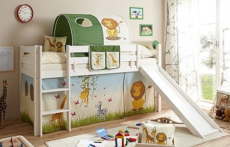 Hochbett mit Rutsche Rutschbett Manuel Kiefer massiv Weiss mit Farbauswahl, Vorhangstoff:Safari